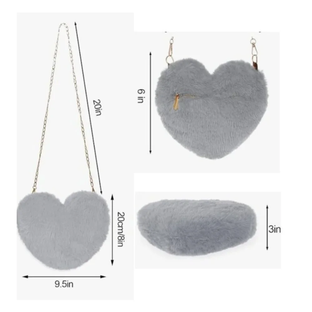 Heart-Shaped Faux Fur (Light Gray) Crossbody Shoulder Bag Purse (NEW & SO CUTE!) - Picture 4 of 9